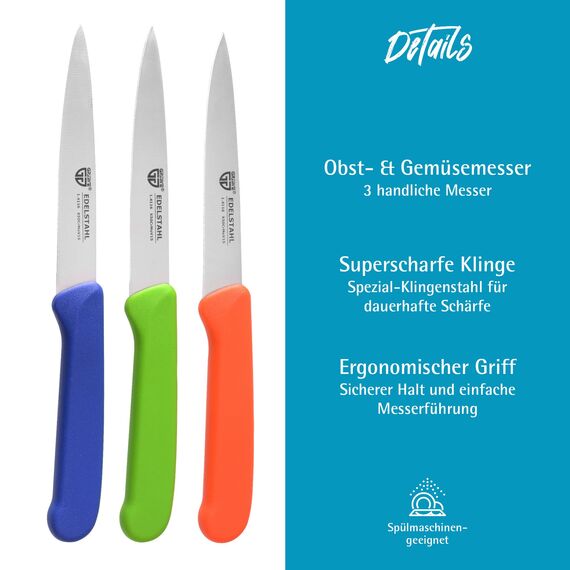 GRÄWE Gemüsemesser, Set, kleines Küchenmesser-Set, Obstmesser, Schälmesser, Edelstahl, schwarz, super scharf geschliffen (Bunt, 3er Set)