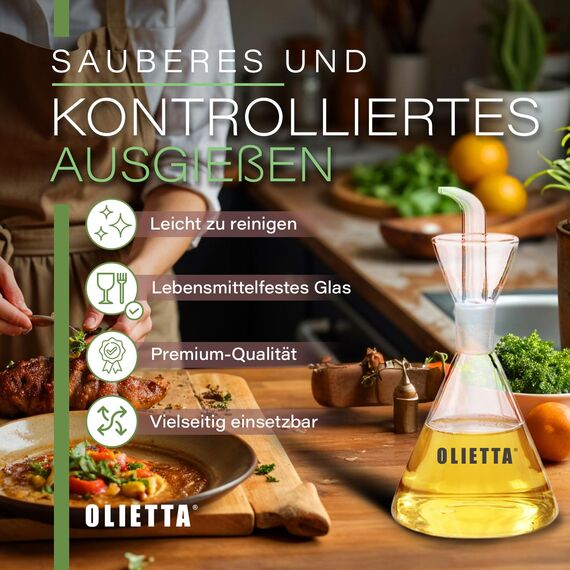 Olietta Konischer Ölflasche Tropf- und auslaufsichere aus Glas 125 ml Olivenöl Flasche mit Ausgießer - Ölspender zum Ausgießen & Träufeln - Leicht zu reinigen - Öl Dosierflasche