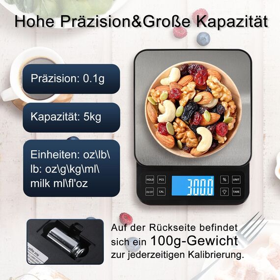 BOMATA 0.1g/5kg Große Digitale Küchenwaage, Hochpräzise Bäckereiwaage mit% Prozentfunktion. USB aufladbar, Wiegeplatte aus rostfreiem Stahl.