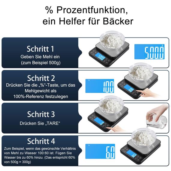BOMATA 0.1g/5kg Große Digitale Küchenwaage, Hochpräzise Bäckereiwaage mit% Prozentfunktion. USB aufladbar, Wiegeplatte aus rostfreiem Stahl.
