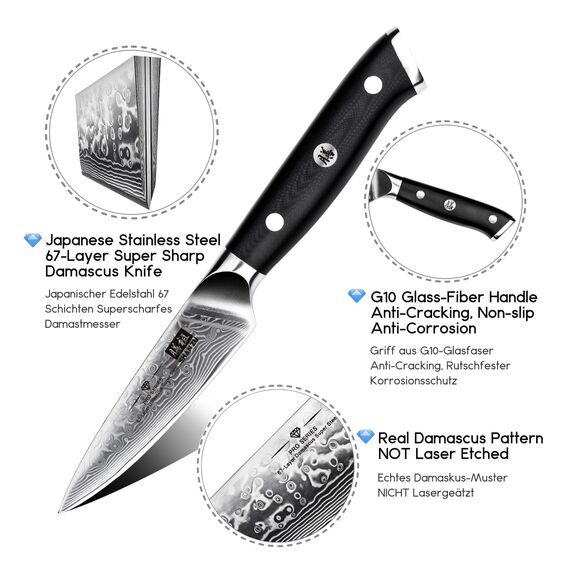 SHAN ZU Damastmesser Gemüsemesser Schälmesser Obstmesser aus 67 Schichten Damast Küchenmesser Klein Profi Messer mit Ergonomischer G10 Griff