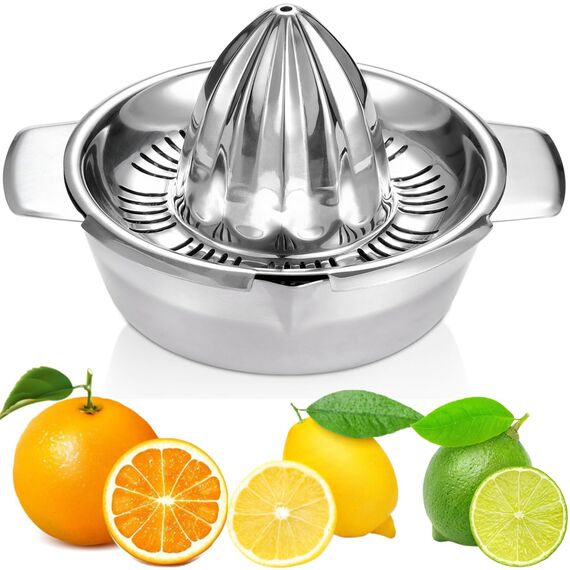 Zitronenpresse Zitruspresse Edelstahl 18/8 Manuelle mit Behälter 350ml, Durchmesser 13,8 cm, Spülmaschinenfest, Profiqualität Rostfreie Saftpresse Limettenpresse Graperuit-Orangenpresse Entsafter