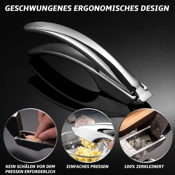 Knoblauchpresse Edelstahl für Knoblauch & Ingwer - kein Schälen nötig | Leicht zu reinigende Knoblauchpresse mit 5 Jahren Ersatzversprechen (für feines Knoblauchhack)