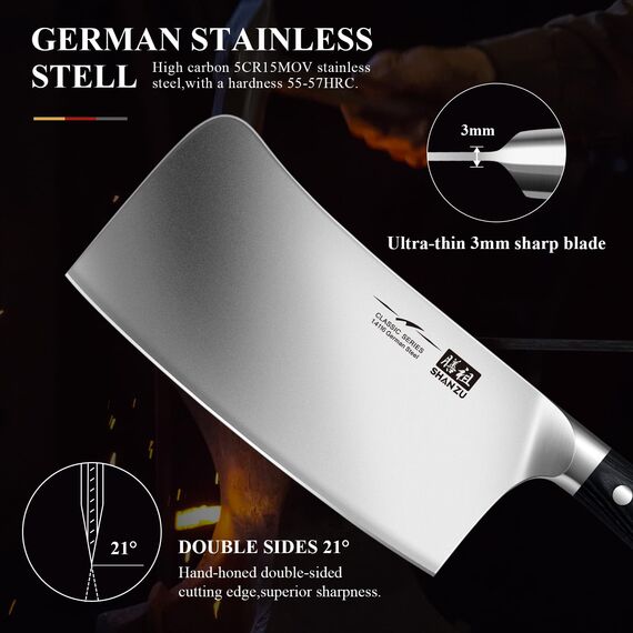 SHAN ZU Hackmesser Fleichmesser Chinesisches Hackmesser 17.8cm 21 ° Klinge verdickte Klinge zum Knacken von Knochen- Classic Series