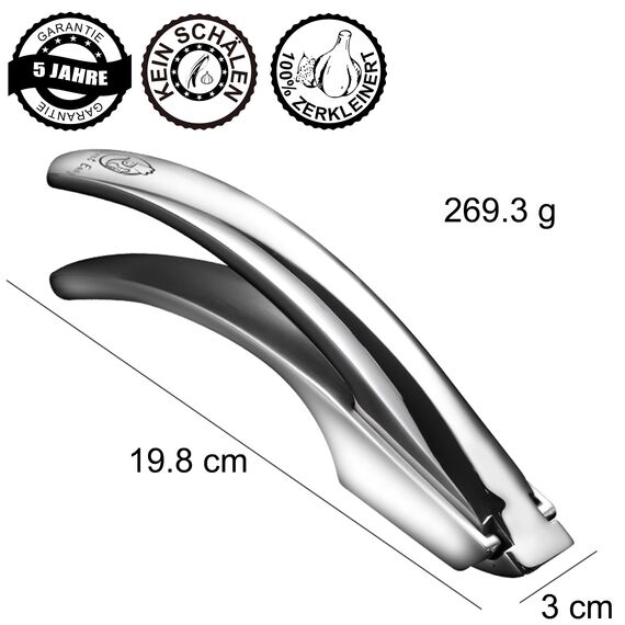 Knoblauchpresse Edelstahl Herz-Edition für Knoblauch & Ingwer - Kein Schälen nötig | Leicht zu reinigende Knoblauch Presse mit 5 Jahren Ersatzversprechen (für grobes Knoblauchhack)