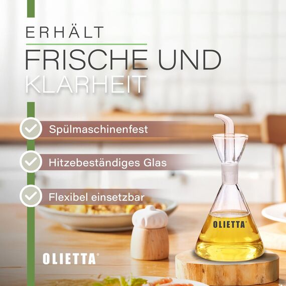 Olietta Konischer Ölflasche Tropf- und auslaufsichere aus Glas 125 ml Olivenöl Flasche mit Ausgießer - Ölspender zum Ausgießen & Träufeln - Leicht zu reinigen - Öl Dosierflasche