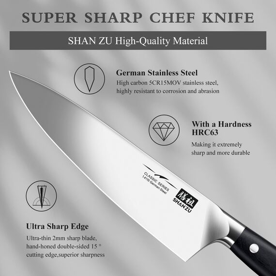 SHAN ZU Küchenmesser Kochmesser Profi Messer, Chefmesser 20cm Deutscher Edelstahl Extra Scharfe Messerklinge, Allzweckmesser Fleischmesser mit Ergonomischer Pakkaholzgriff