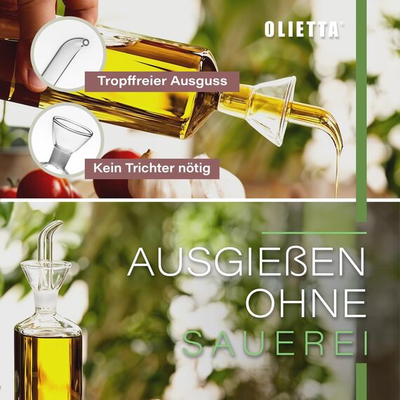Olietta Ölflasche Tropf- und auslaufsichere aus Glas 125 ml Olivenöl flasche mit Ausgießer - Ölspender zum Ausgießen & Träufeln - Leicht zu reinigen - Öl Dosierflasche