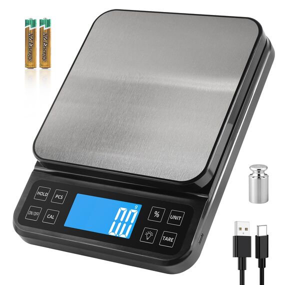 BOMATA 0.1g/5kg Große Digitale Küchenwaage, Hochpräzise Bäckereiwaage mit% Prozentfunktion. USB aufladbar, Wiegeplatte aus rostfreiem Stahl.