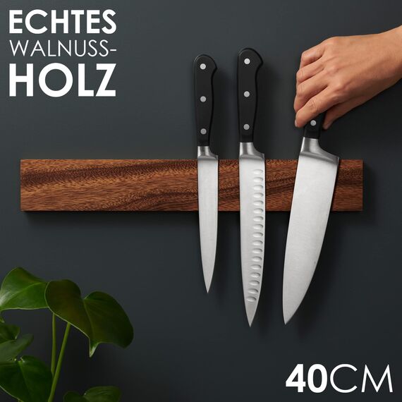 LARHN Magnetleiste Messer aus Walnussholz mit Extra Starkem Magnet - 40 cm - Messerhalter Magnetisch Holz für Utensilien und Werkzeuge - Unbestückte Messerblöck