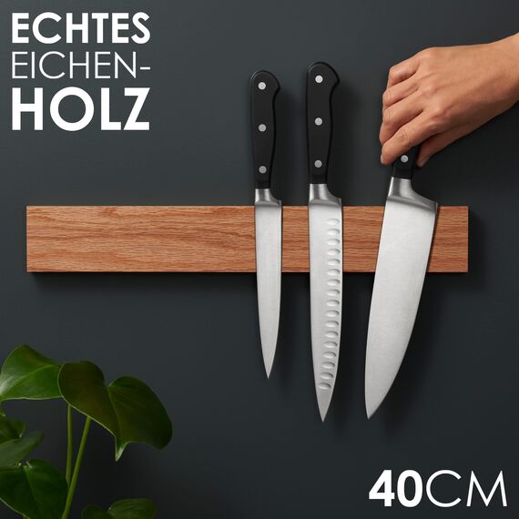 LARHN Magnetleiste Messer aus Eichenholz mit Extra Starkem Magnet - 40 cm - Messerhalter Magnetisch Holz für Utensilien und Werkzeuge - Unbestückte Messerblöck