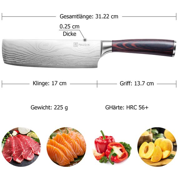 PAUDIN Japanisches Messer, Klingenlänge 17 cm Nariki Messer Hackmesser Kochmesser aus hochwertigem Edelstahl, asiatisches Mehrzweck Küchenmesser für Haus und Küche mit ergonomischem Griff