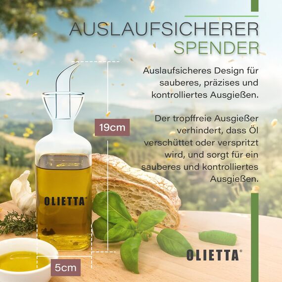Olietta Ölflasche Tropf- und auslaufsichere aus Glas 250 ml Olivenöl flasche mit Ausgießer - Ölspender zum Ausgießen & Träufeln - Leicht zu reinigen - Öl Dosierflasche