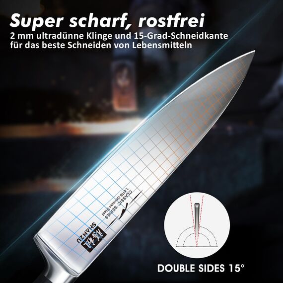SHAN ZU Messerset 3-tlg, Profi Küchenmesser Kochmesser Set aus Deutscher Edelstahl Extra Scharfe Messer Set, 20cm Chefmesser & 15cm Allzweckmesser & 9.5cm Schälmesser