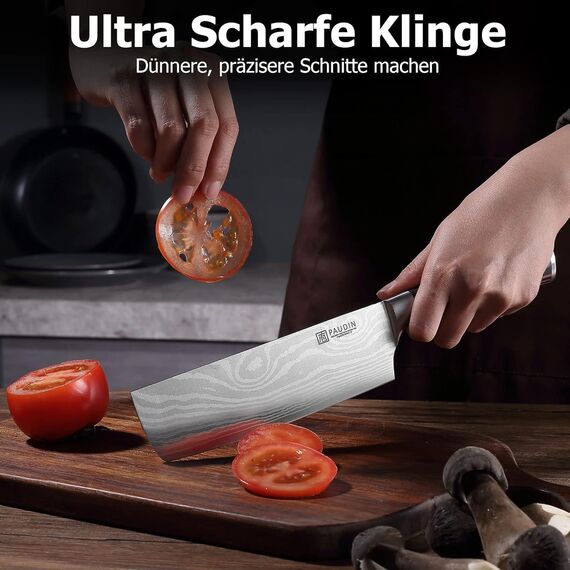 PAUDIN Japanisches Messer, Klingenlänge 17 cm Nariki Messer Hackmesser Kochmesser aus hochwertigem Edelstahl, asiatisches Mehrzweck Küchenmesser für Haus und Küche mit ergonomischem Griff