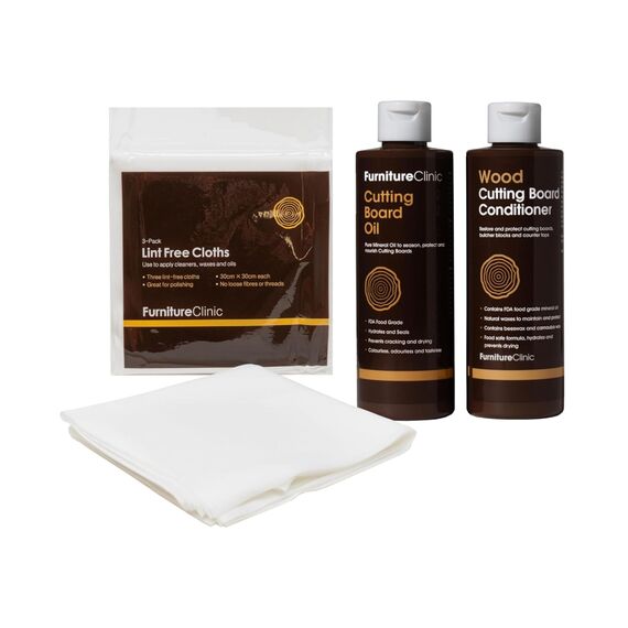 Furniture Clinic -Schneidebrett-Pflegeset, zum Reinigen, Pflegen und Schützen - Enthält: 250 ml Schneidebrettöl, 250 ml Schneidebrettconditioner und einem fusselfreie Tüch