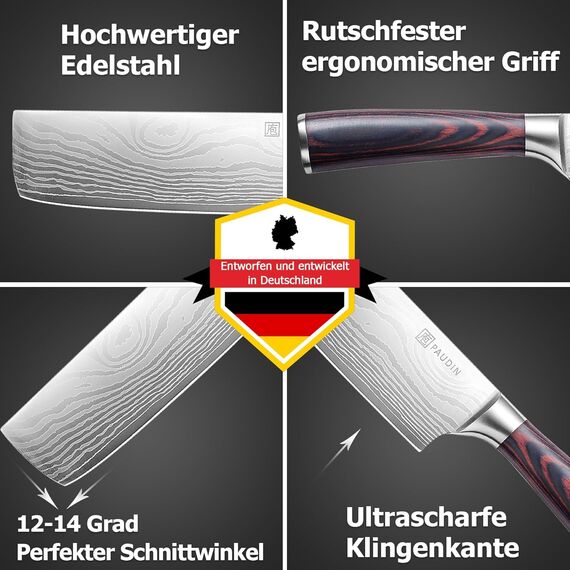 PAUDIN Japanisches Messer, Klingenlänge 17 cm Nariki Messer Hackmesser Kochmesser aus hochwertigem Edelstahl, asiatisches Mehrzweck Küchenmesser für Haus und Küche mit ergonomischem Griff