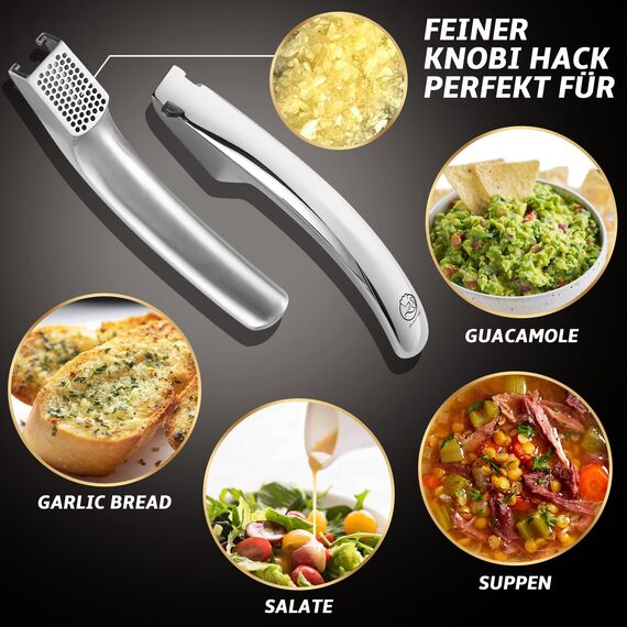Knoblauchpresse Edelstahl für Knoblauch & Ingwer - kein Schälen nötig | Leicht zu reinigende Knoblauchpresse mit 5 Jahren Ersatzversprechen (für feines Knoblauchhack)