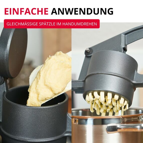 Westmark Spätzle- und Kartoffelpresse Spätzlechef, Traditionelle Lochung für Spätzle wie handgemacht, hochwertige Spezialbeschichtung, Aluminium, Länge: 41 cm, Anthrazit, 6120226Z