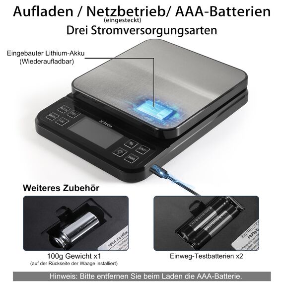 BOMATA 0.1g/5kg Große Digitale Küchenwaage, Hochpräzise Bäckereiwaage mit% Prozentfunktion. USB aufladbar, Wiegeplatte aus rostfreiem Stahl.
