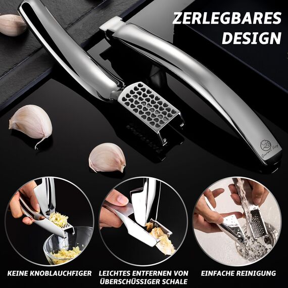 Knoblauchpresse Edelstahl Herz-Edition für Knoblauch & Ingwer - Kein Schälen nötig | Leicht zu reinigende Knoblauch Presse mit 5 Jahren Ersatzversprechen (für grobes Knoblauchhack)