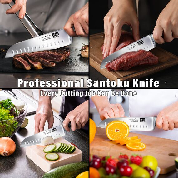 SHAN ZU Kochmesser Küchenmesser Santoku Messer 18 cm Deutscher Edelstahl Extra Scharfe Messerklinge mit ergonomischer Griff Exquisiter Geschenkverpackung, Santokumesser
