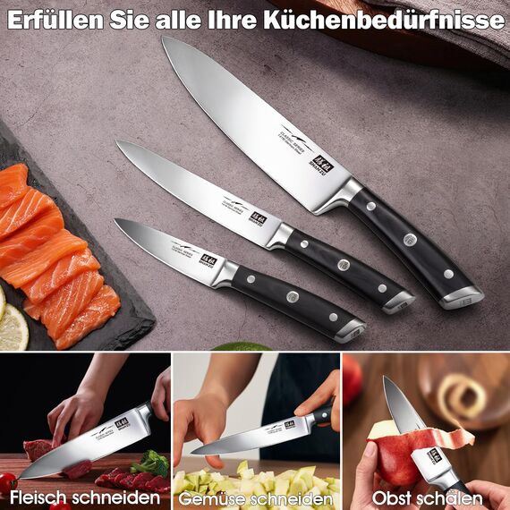 SHAN ZU Messerset 3-tlg, Profi Küchenmesser Kochmesser Set aus Deutscher Edelstahl Extra Scharfe Messer Set, 20cm Chefmesser & 15cm Allzweckmesser & 9.5cm Schälmesser