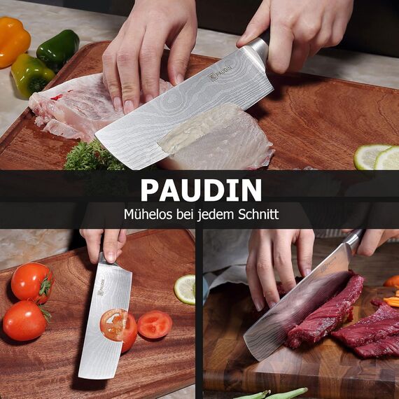 PAUDIN Japanisches Messer, Klingenlänge 17 cm Nariki Messer Hackmesser Kochmesser aus hochwertigem Edelstahl, asiatisches Mehrzweck Küchenmesser für Haus und Küche mit ergonomischem Griff