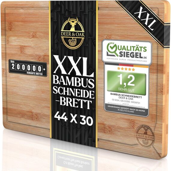 Deer & Oak Schneidebrett Holz – XXL Bambusbrett 44x30x2cm, Vorgeölt & Wasserabweisend, Messerfreundliches Küchenbrett für Fleisch, Gemüse & Brot