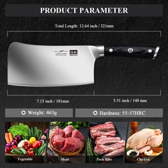 SHAN ZU Hackmesser Fleichmesser Chinesisches Hackmesser 17.8cm 21 ° Klinge verdickte Klinge zum Knacken von Knochen- Classic Series