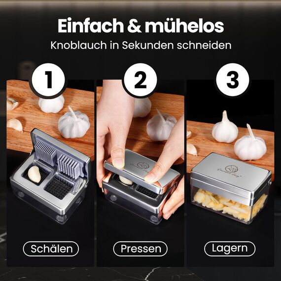 Knoblauchpresse Edelstahl 2-in-1 – Knoblauchschneider & Knoblauch Zerkleinerer mit Auffangbehälter, Spülmaschinenfest, Geruchsfreier & Langlebiger Knoblauch Hacker