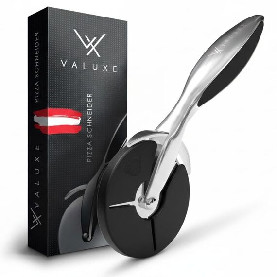 VALUXE® Pizzaschneider aus Edelstahl - Pizzaroller scharf & spülmaschinenfest - Professioneller Pizza-Cutter Roller inkl. Klingenschutz - Pizzamesser Rad