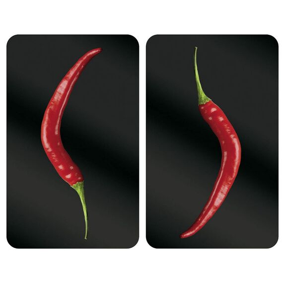 WENKO Herdabdeckplatte Universal Mod. Hot Peperoni, höhenverstellbar für alle Herdarten, Schneidebrett und Spritzschutz, Glas, 30 x 52 cm, 2-teilig