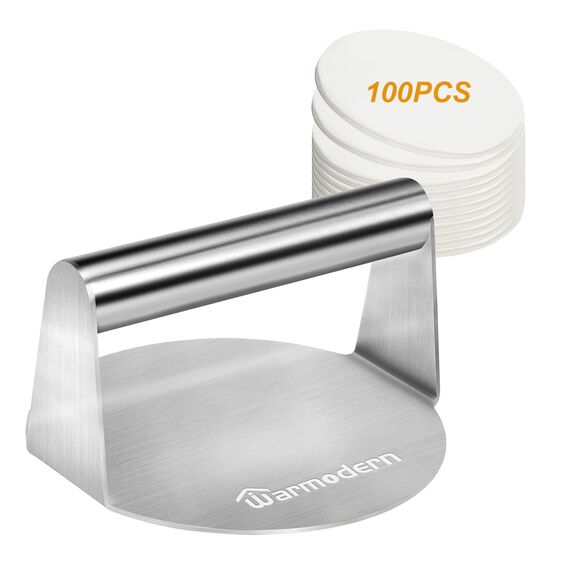 Warmodern Burgerpresse, 5,5 Zoll Edelstahl Smash Burger Press, 100 Stück Burgerpapier, Hamburgerpresse und Squeeze Grease, Leicht zu Reinigen