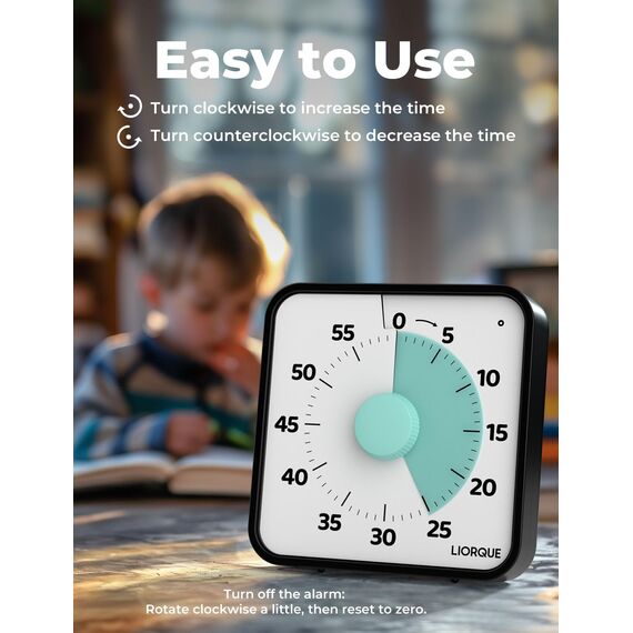 LIORQUE 19cm Visueller Timer 60 Minuten Countdown Timer mit großem Bildschirm für Kinder und Erwachsene Leiser Kurzzeitmesser für Küche Schule Büro Batterie inklusive (Cyan)