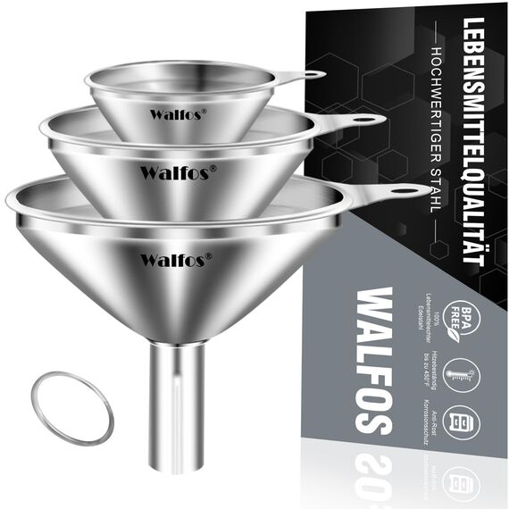 Walfos® Trichter Edelstahl, 3 Stück Mini Trichter Küche geeignet zum Umfüllen von Flüssigkeiten und, kleine Flaschen wie Öl, Salz, Zucker, Parfümflaschen, ätherische Öle