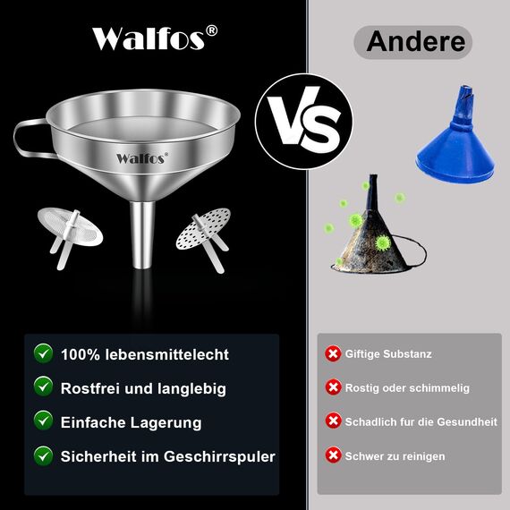 WALFOS® Trichter Edelstahl mit 2 abnehmbaren Sieben, 10.4cm trichter küche für die Übertragung von flüssigen Zutaten