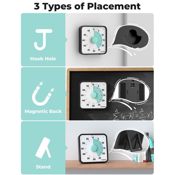 LIORQUE 19cm Visueller Timer 60 Minuten Countdown Timer mit großem Bildschirm für Kinder und Erwachsene Leiser Kurzzeitmesser für Küche Schule Büro Batterie inklusive (Cyan)