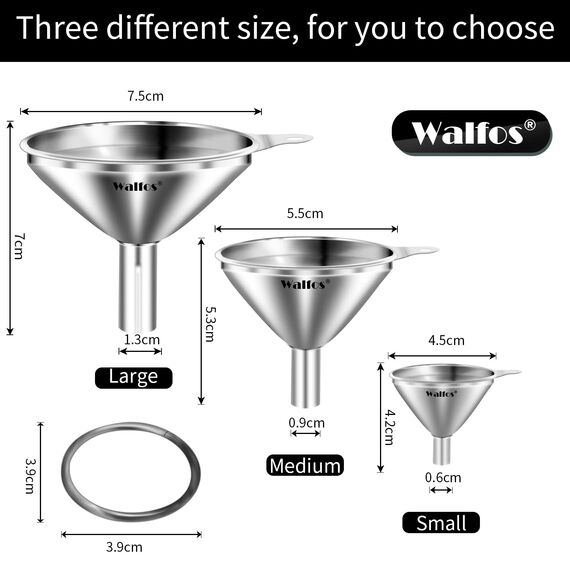 Walfos® Trichter Edelstahl, 3 Stück Mini Trichter Küche geeignet zum Umfüllen von Flüssigkeiten und, kleine Flaschen wie Öl, Salz, Zucker, Parfümflaschen, ätherische Öle