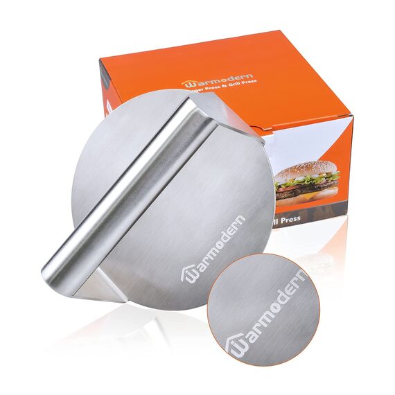 Warmodern Burgerpresse, 5,5 Zoll Round Edelstahl Smash Burger Press, Professionelles Edelstahl Burgerpresse Grillzubehör für Flat Top Grill, Hamburgerpresse und Squeeze Grease, Leicht zu Reinigen