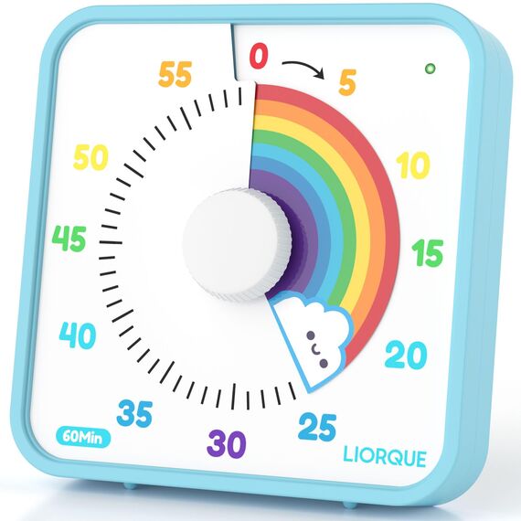 LIORQUE 19cm Visueller Timer 60 Minuten Countdown Timer mit großem Bildschirm für Kinder und Erwachsene Leiser Kurzzeitmesser für Küche Schule Büro Batterie inklusive (Regenbogen)