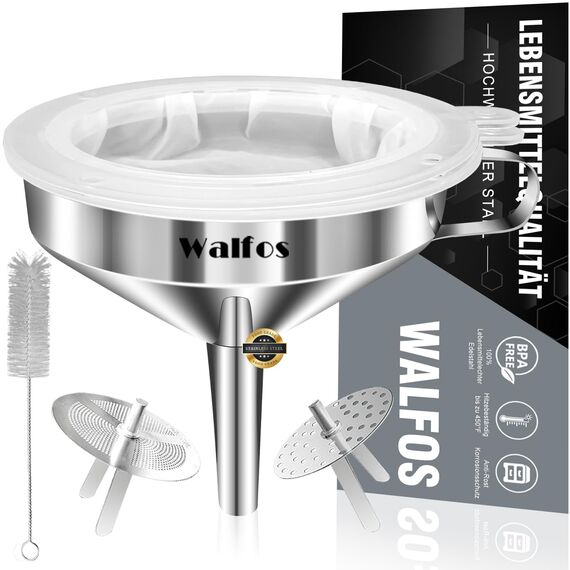 Walfos Trichter edelstahl, mit 2 abnehmbaren Sieben ＆ 1 Stück Reinigungsbürste, 200 Mesh Lebensmittelfiltersieb,trichter küche perfekt zum Umfüllen von Flüssigkeiten, Ölen, Wein, Pulver (13 cm)