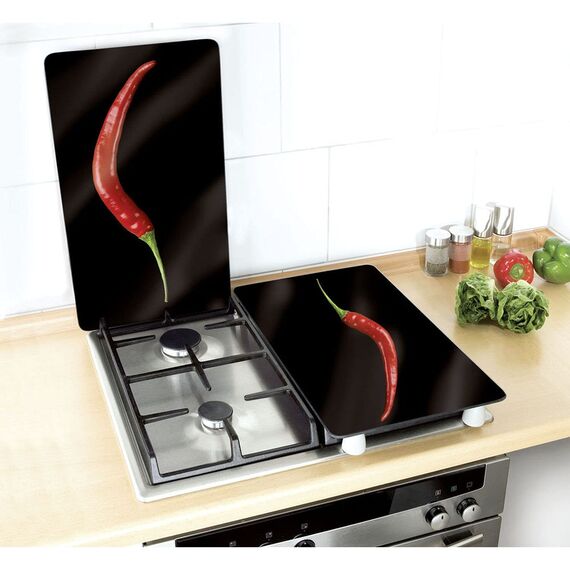 WENKO Herdabdeckplatte Universal Mod. Hot Peperoni, höhenverstellbar für alle Herdarten, Schneidebrett und Spritzschutz, Glas, 30 x 52 cm, 2-teilig