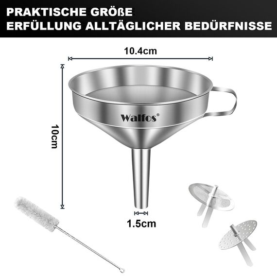 WALFOS® Trichter Edelstahl mit 2 abnehmbaren Sieben, 10.4cm trichter küche für die Übertragung von flüssigen Zutaten