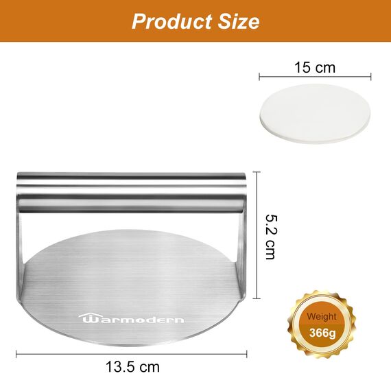 Warmodern Burgerpresse, 5,5 Zoll Edelstahl Smash Burger Press, 100 Stück Burgerpapier, Hamburgerpresse und Squeeze Grease, Leicht zu Reinigen