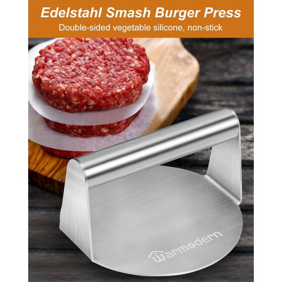 Warmodern Burgerpresse, 5,5 Zoll Edelstahl Smash Burger Press, 100 Stück Burgerpapier, Hamburgerpresse und Squeeze Grease, Leicht zu Reinigen