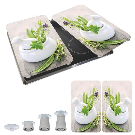 WENKO Herdabdeckplatte Universal Mod. Kräutergarten, höhenverstellbar für alle Herdarten, Schneidebrett und Spritzschutz, Glas, 30 x 52 cm, 2-teilig