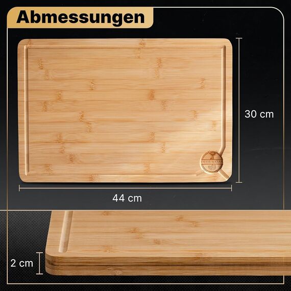 Deer & Oak Schneidebrett Holz – XXL Bambusbrett 44x30x2cm, Vorgeölt & Wasserabweisend, Messerfreundliches Küchenbrett für Fleisch, Gemüse & Brot