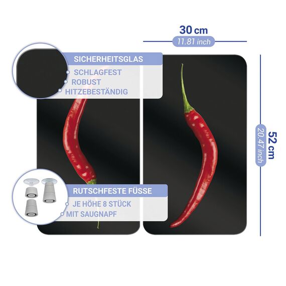 WENKO Herdabdeckplatte Universal Mod. Hot Peperoni, höhenverstellbar für alle Herdarten, Schneidebrett und Spritzschutz, Glas, 30 x 52 cm, 2-teilig