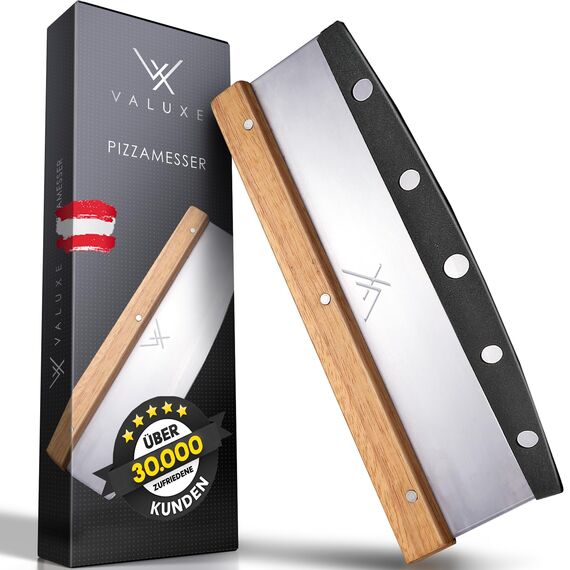 VALUXE Premium Pizzamesser aus Edelstahl & Holz - Profi Pizzaschneider Wiegemesser effektiver als Pizzaroller Handlicher 32cm Pizza Cutter - Pizza Messer für gleichmäßiges Schneiden